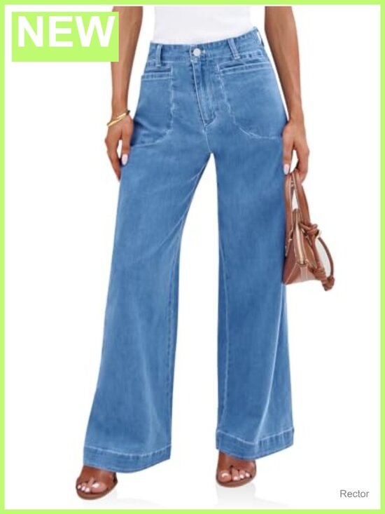 Denim - Wide Leg High Waisted Baggy Stretch Denim Jeans Four Pockets